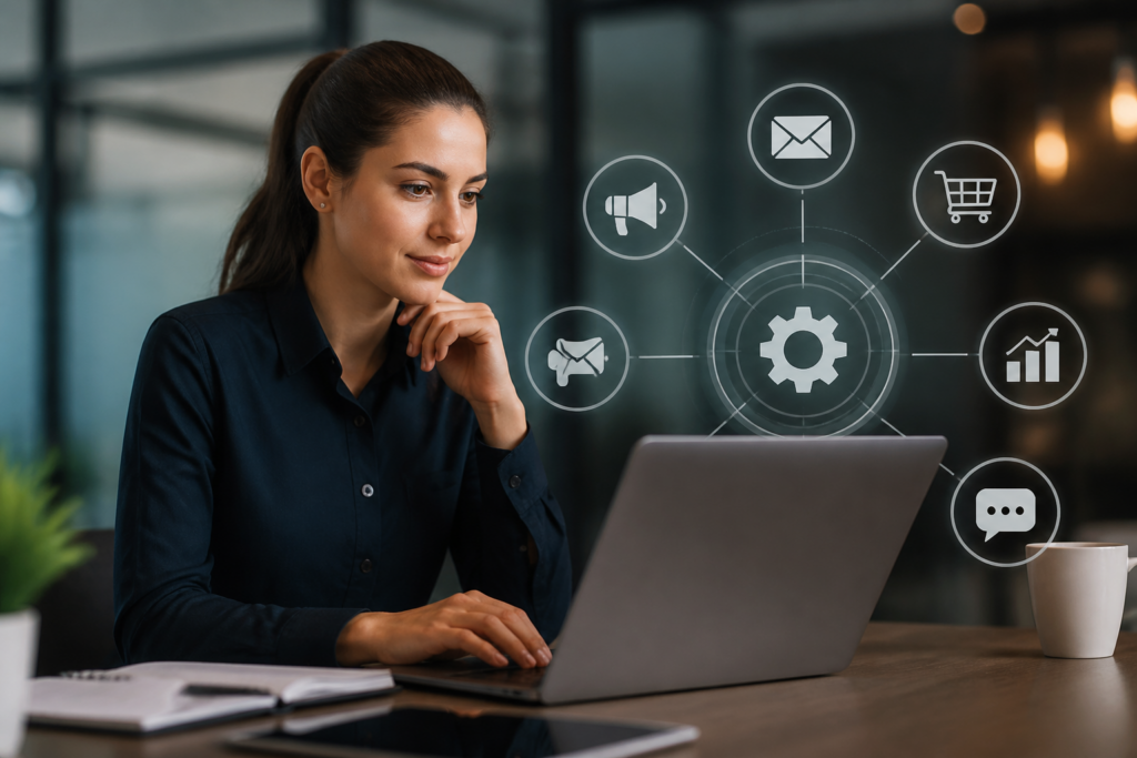 Automação de marketing — gráfico de crescimento com ícones de tecnologia representando integração e eficiência empresarial
