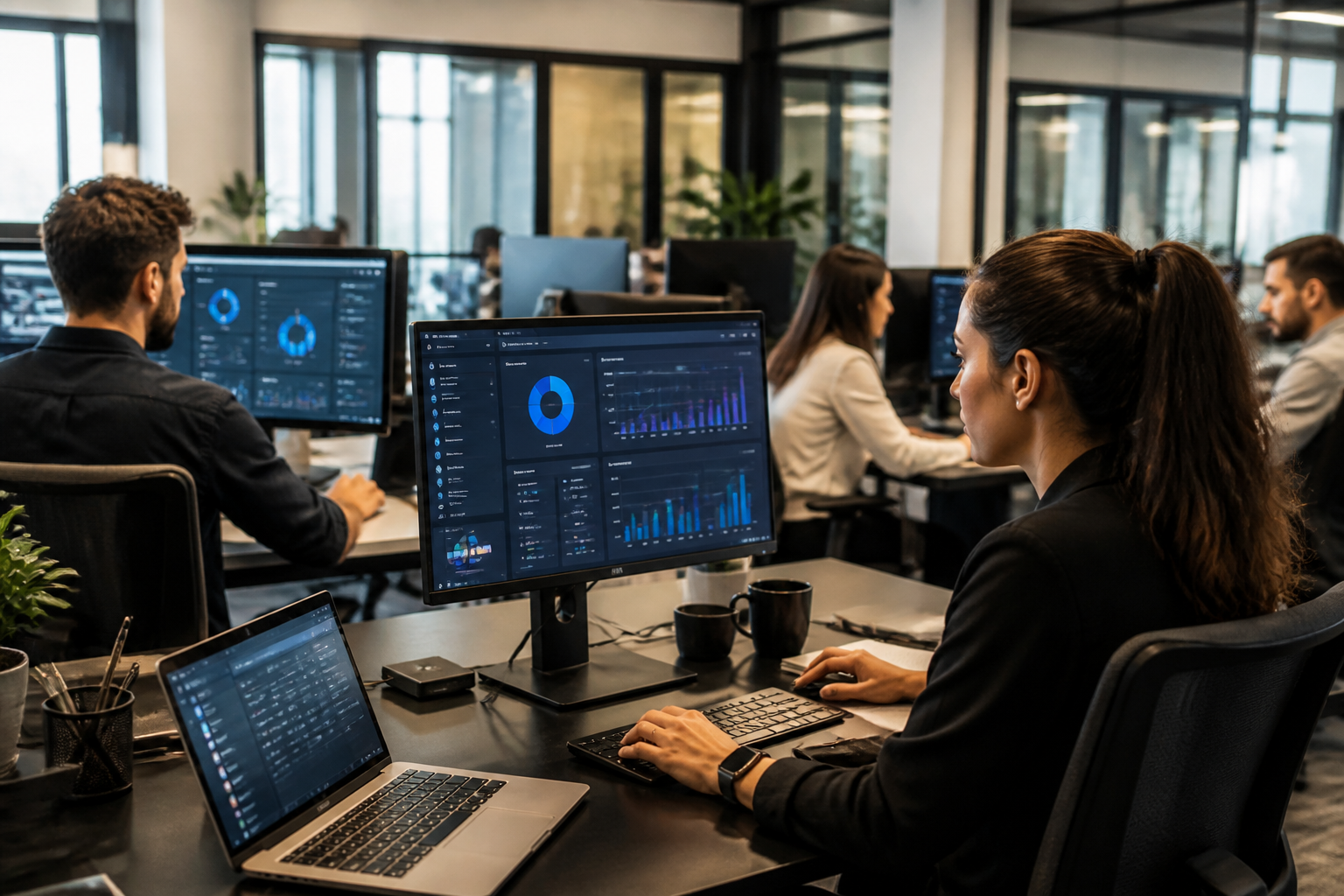 benefícios automação marketing — equipes de marketing colaborando em computadores com softwares de automação