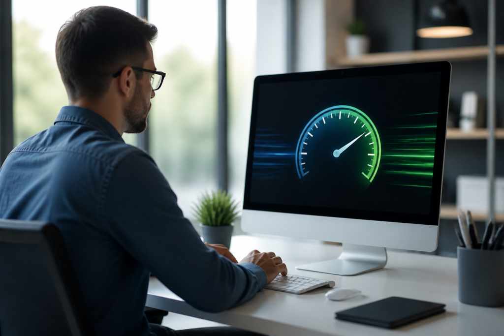 Performance de Sites — Gráfico mostrando aumento de velocidade de carregamento da página em dispositivos móveis e desktop