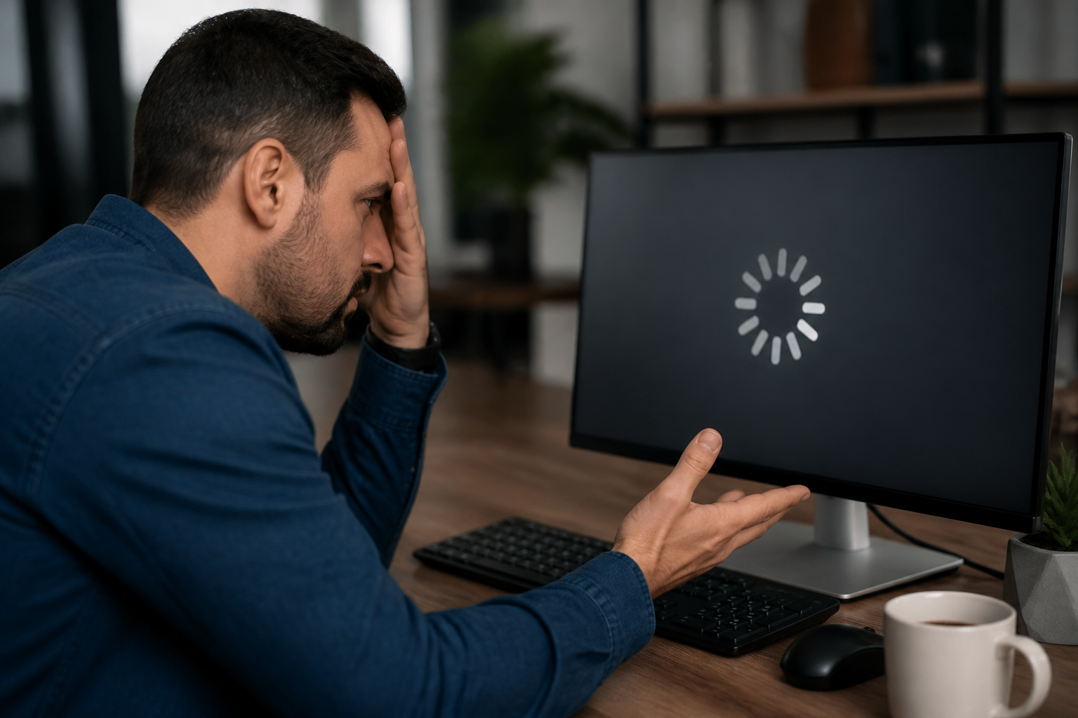 Performance de Sites — Usuário frustrado com a lentidão de um site no computador