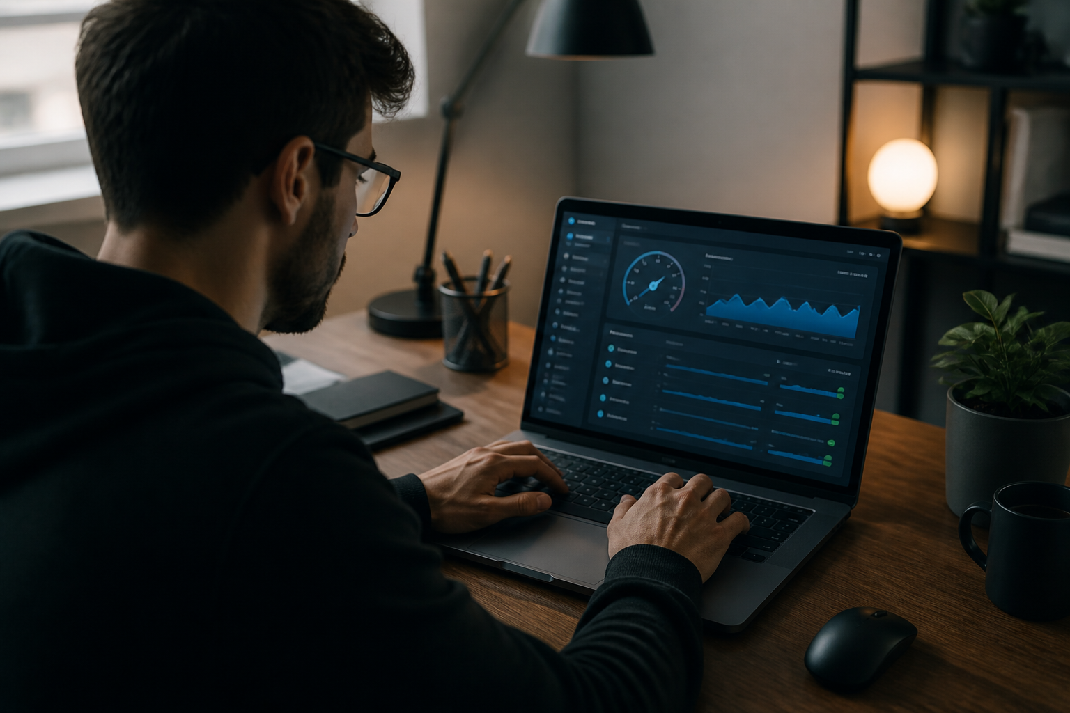 Velocidade de carregamento site — Desenvolvedor ajustando configurações de performance em um laptop