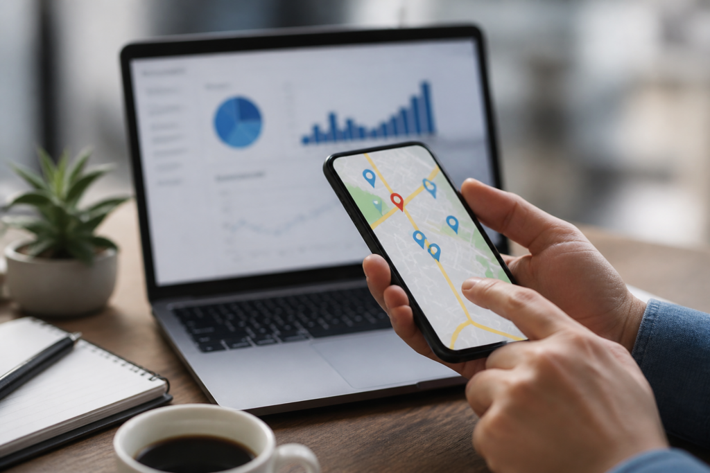 SEO local — mapa de cidade com alfinetes vermelhos marcando locais de negócios destacados em um smartphone