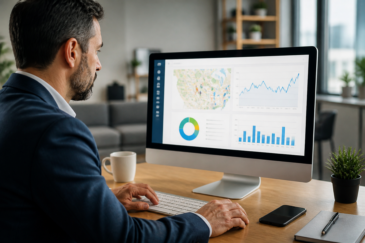 SEO local — Empresário analisando gráficos de desempenho em SEO local no computador